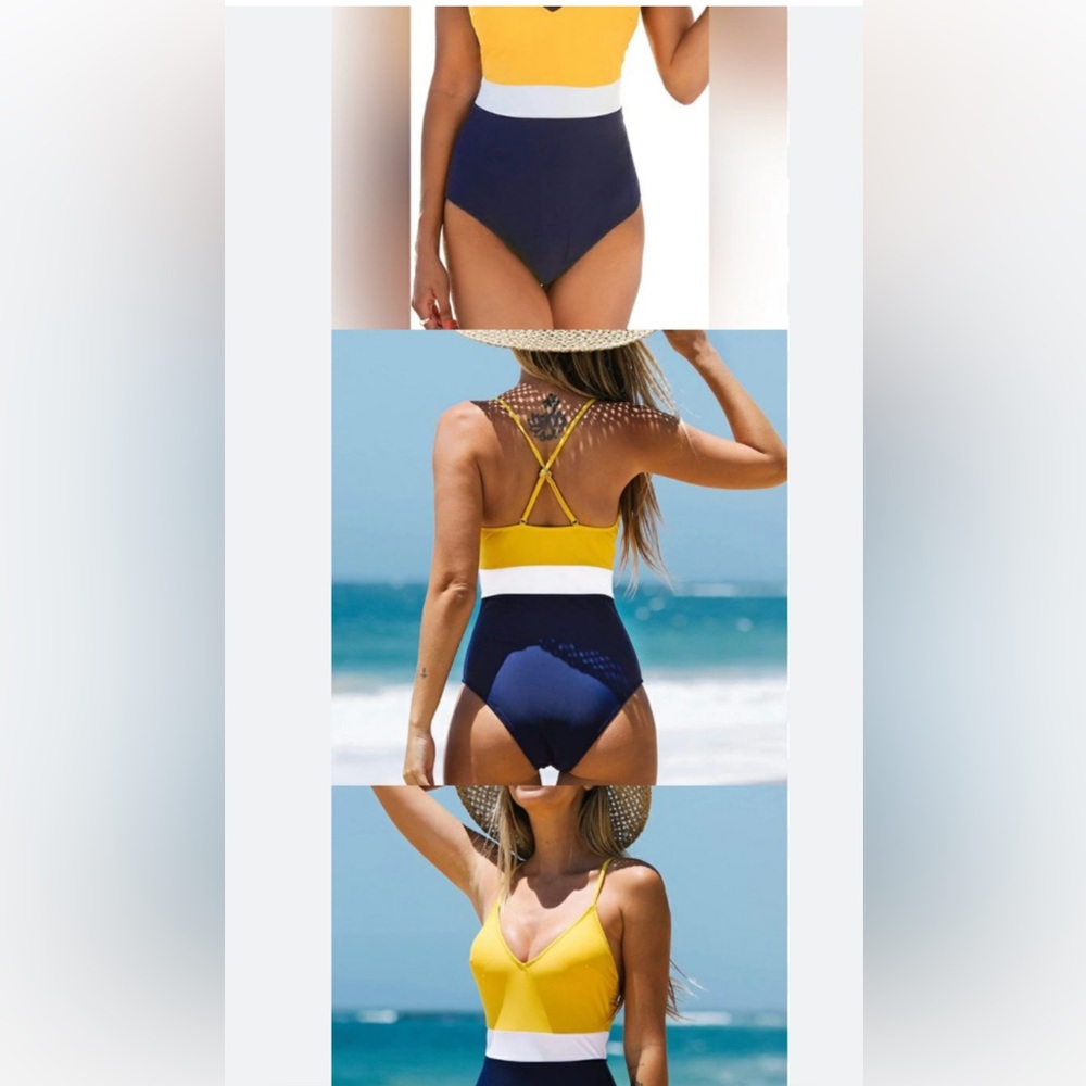 Cupshe Colorblock Medium V-Neck One Piece Swimsuit Yellow, White, Navy - NWT